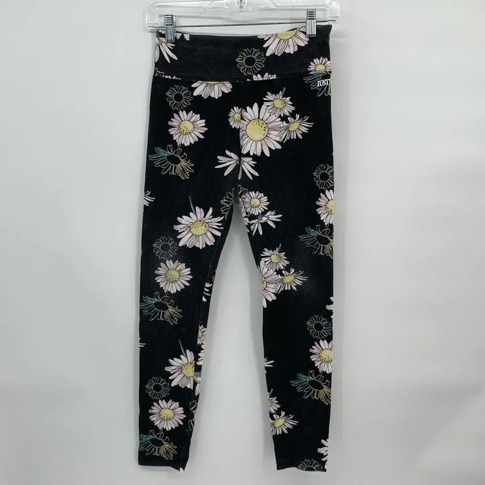 Justice Black Floral White Daisy Elastic Waist Leggings XL 16/18